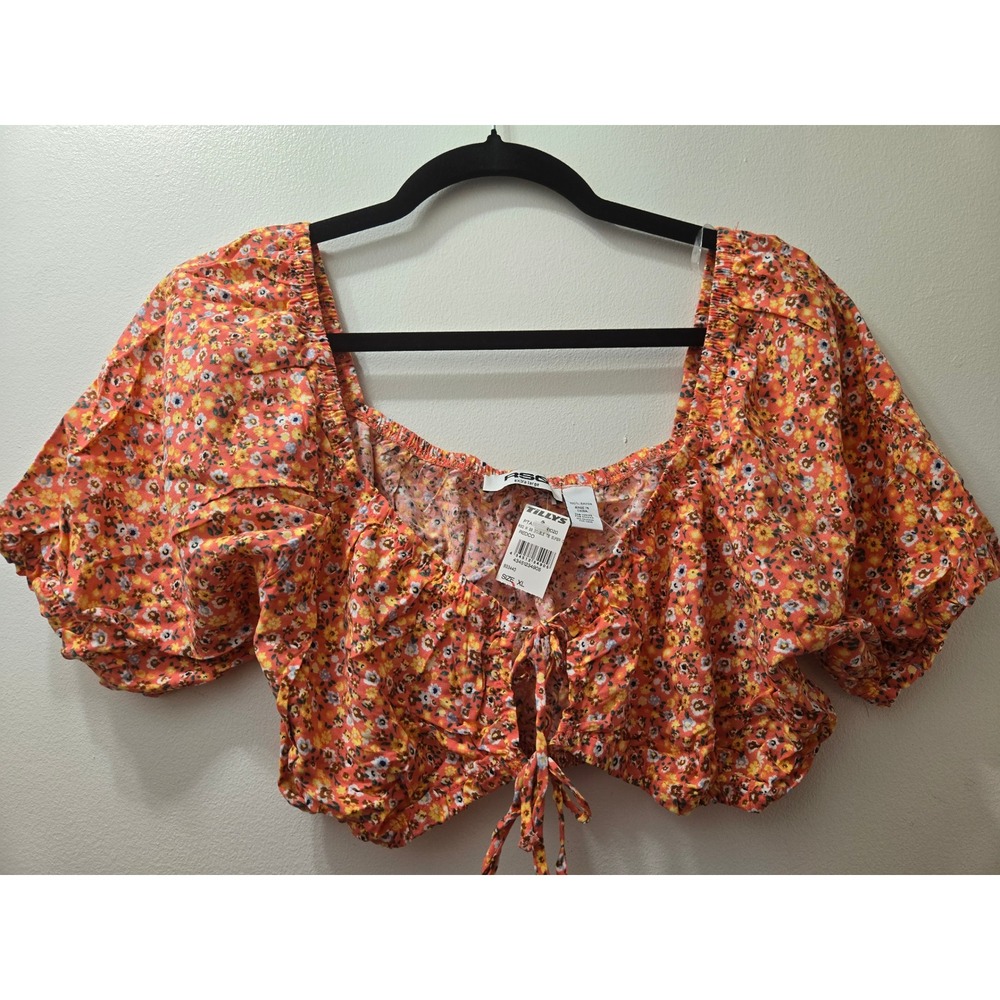 RSQ‎ Extra Large Women Orange Floral Print Puff Sleeve Square Tie Front Crop Top